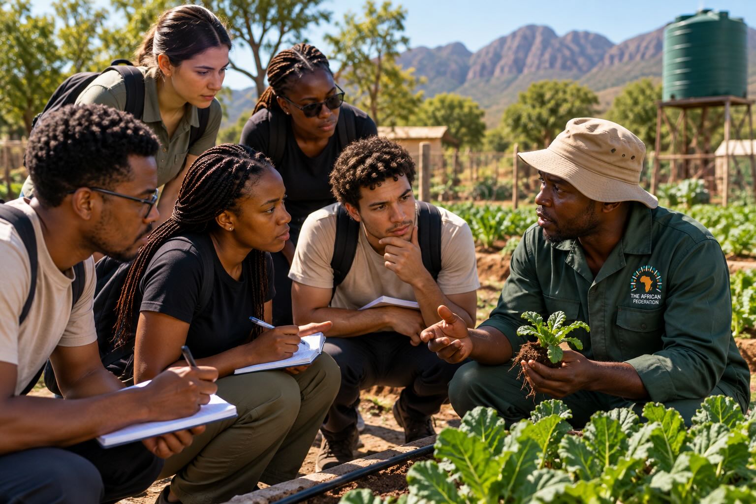 University students learning about agriculture with a local field instructor in Africa