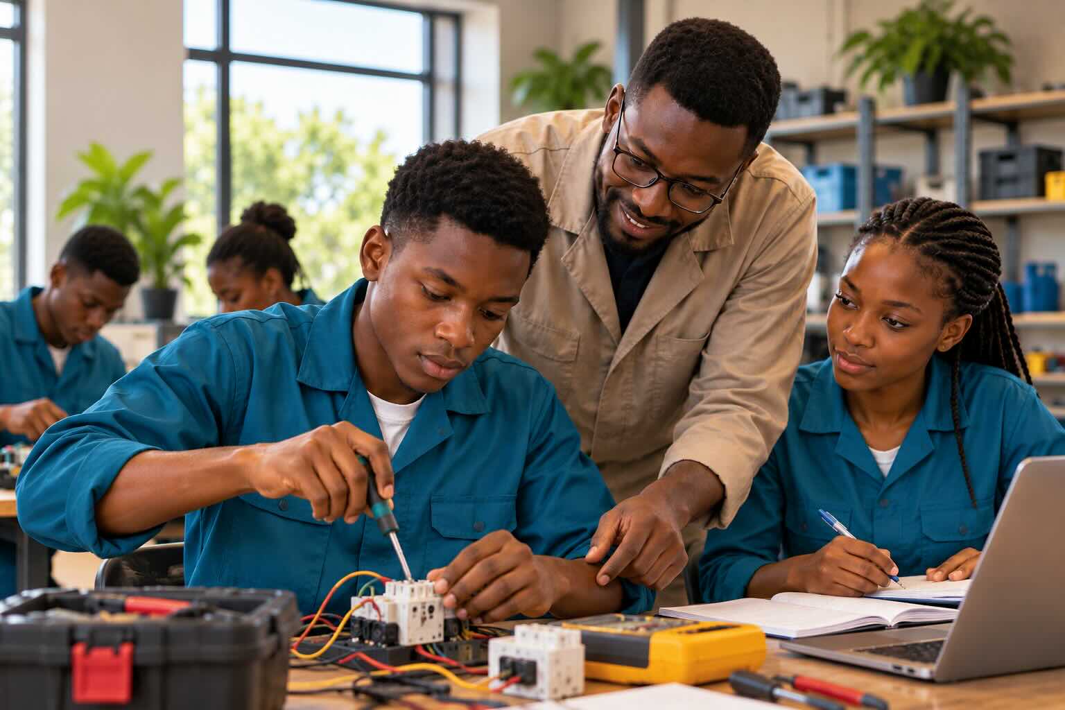 Students learning electronics with an instructor