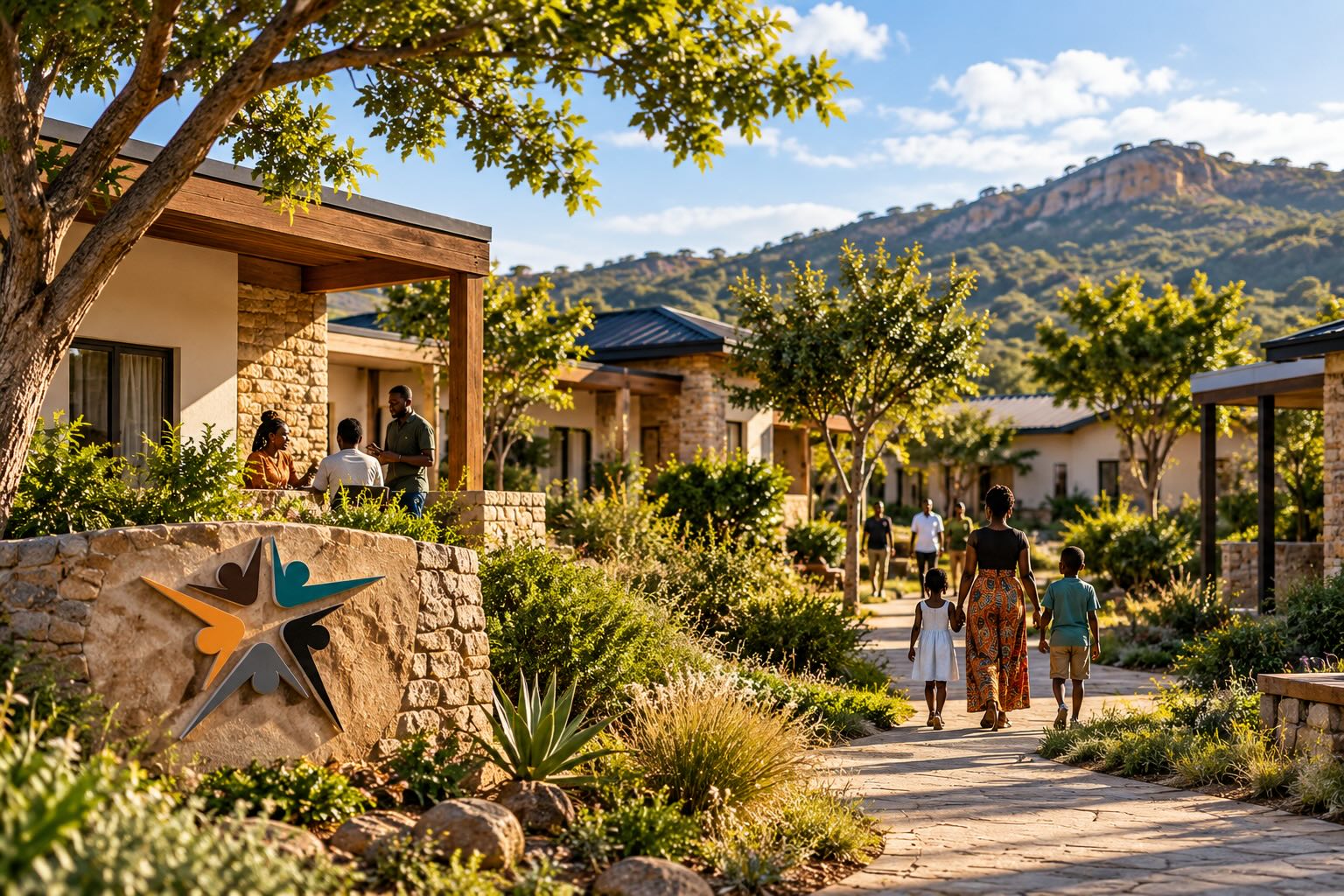 Homes surrounded by landscaped gardens and mountains