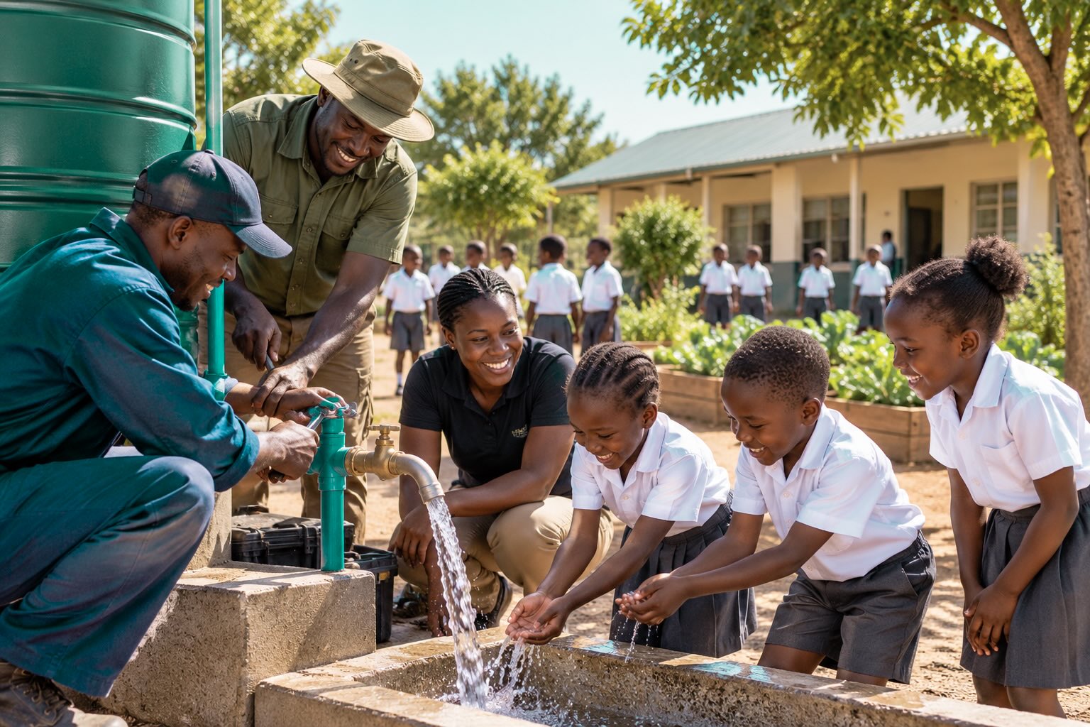 Community members and schoolchildren using a water tap outside a school